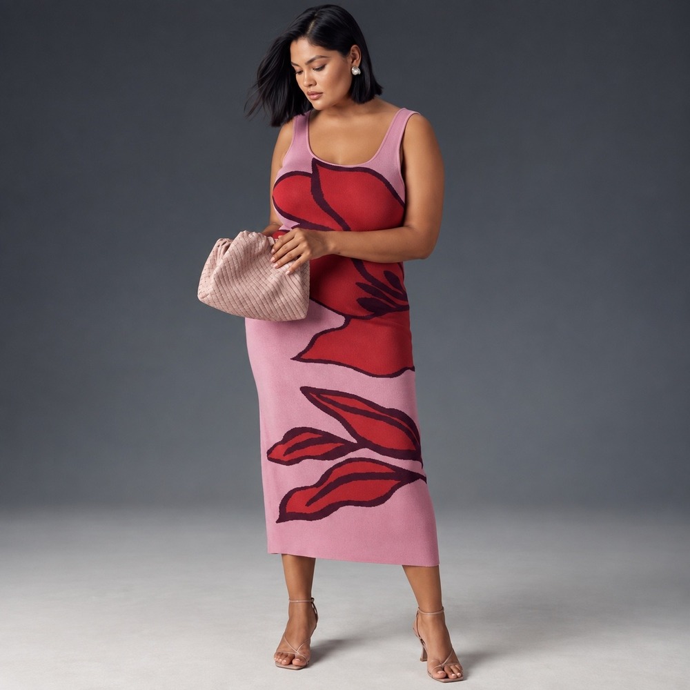 ELOQUII For Anthropologie Floral Intarsia Knit Column Midi Dress Pink Red 14/16